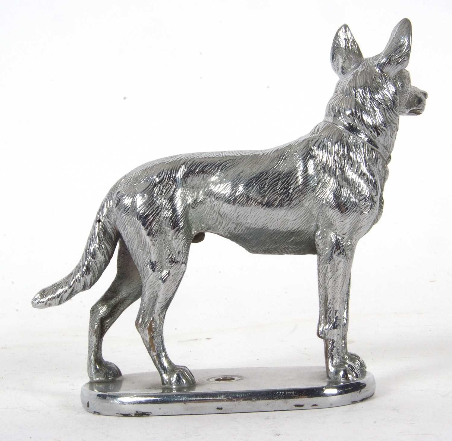 Vintage chrome car mascot in the form of an Alsation, 14cm long, 12cm tall with accompanying - Image 7 of 9