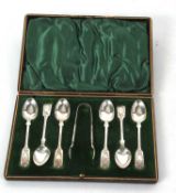 A cased set of Victorian fiddle pattern and bright cut decorated teaspoons and tongs, hallmarked for