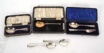 Mixed Lot: A cased Edwardian christening fork and spoon, Chester 1903, makers mark for Thomas Latham