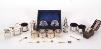 Mixed Lot: George VI silver three piece condiment set of circular form to include two open salts