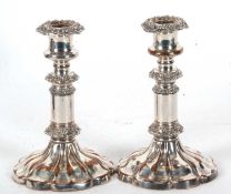 Pair of antique Old Sheffield plated table candlesticks, 21cm tall, loaded (a/f)