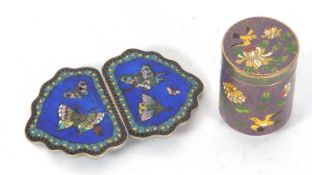 Mixed Lot: A vintage enamel two part buckle on blue ground decorated with butterflies within a