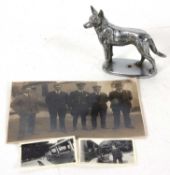 Vintage chrome car mascot in the form of an Alsation, 14cm long, 12cm tall with accompanying