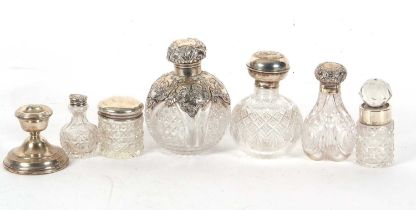 Mixed Lot: An Edwardian cut glass globular scent bottle having a plain silver collar and cherub