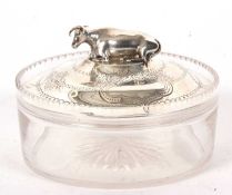 A late Victorian glass butter dish with silver lid and cow finial, the engraved lid hallmarked for