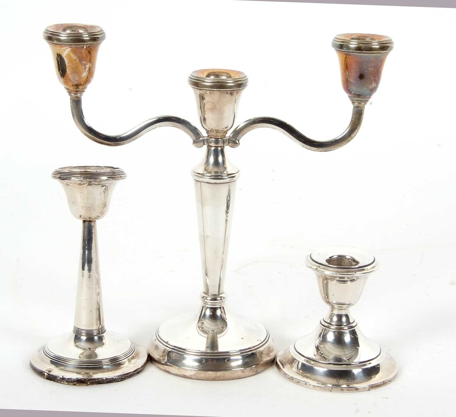 Mixed Lot: An Elizabeth II silver twin branch three light candelabra (loaded), hallmarked for