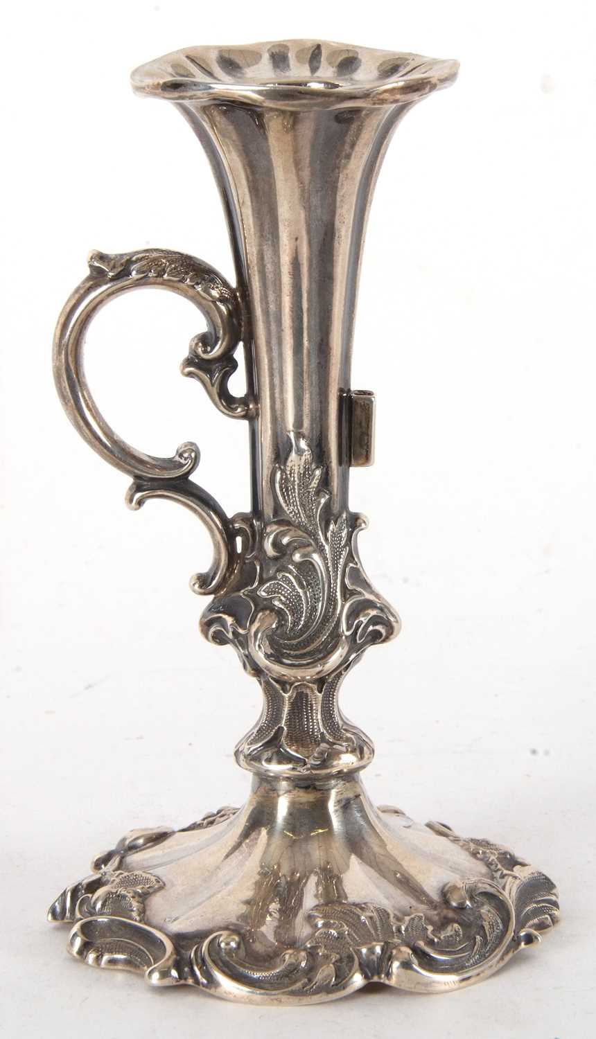 Victorian silver chamber stick having fluted stem with carrying scroll side handle, decorated with - Image 2 of 5