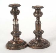 A pair of antique Old Sheffield plated table candlesticks (loaded), 19cm tall