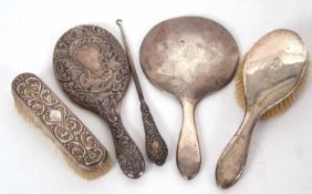 Mixed Lot: Victorian silver backed hand mirror embossed with masks, scrolls, foliate etc, London