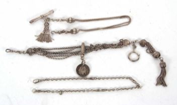 Three pocket watch chains, one of which tests for white metal on the slider and central chain, the T