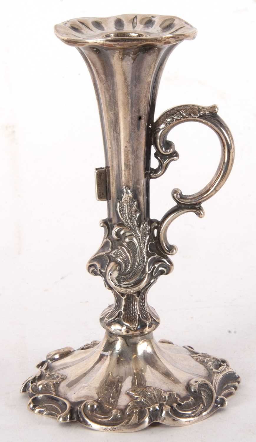 Victorian silver chamber stick having fluted stem with carrying scroll side handle, decorated with - Image 4 of 5