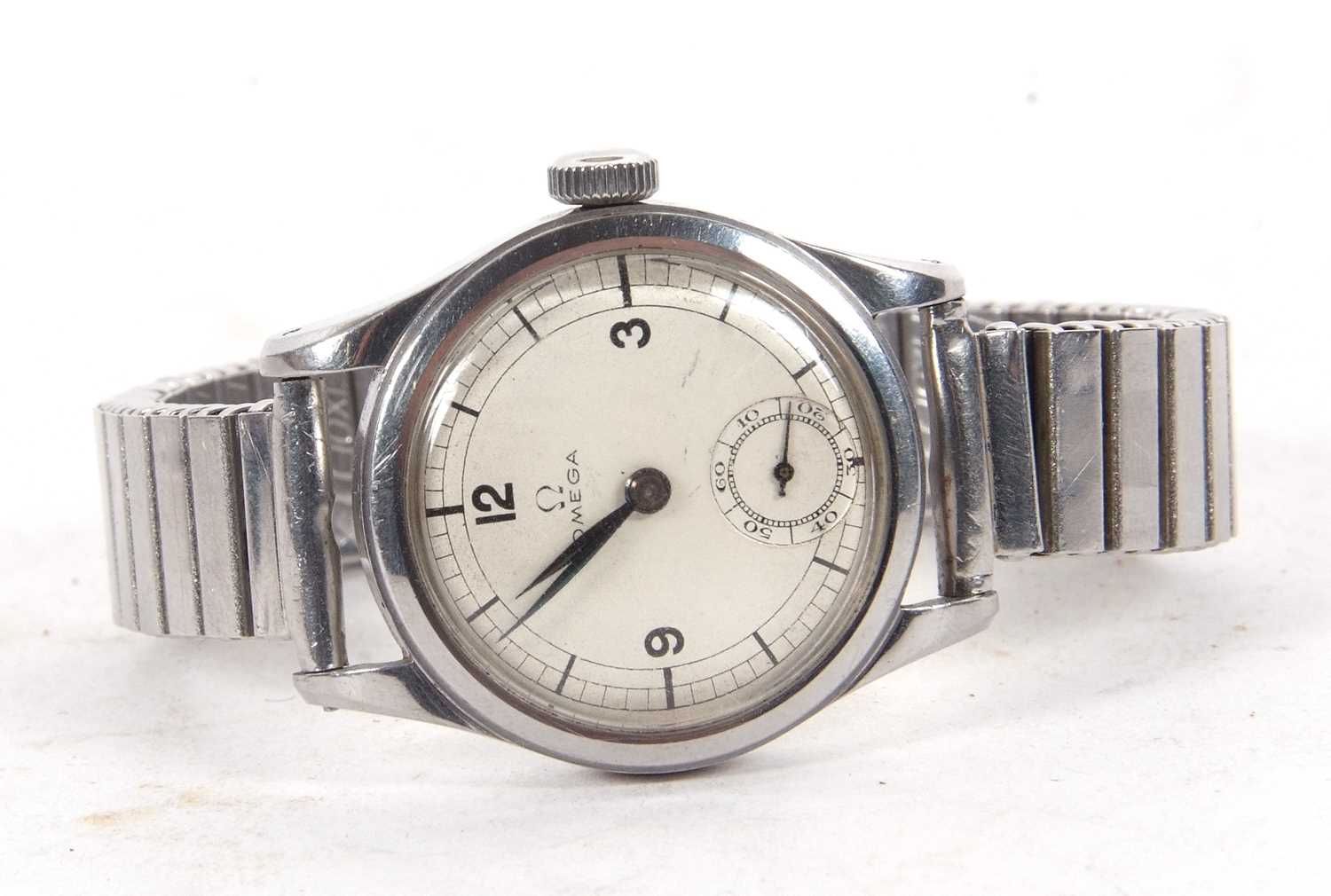 A stainless steel cased Omega gents wristwatch, circa 1930, it has a manually crown wound