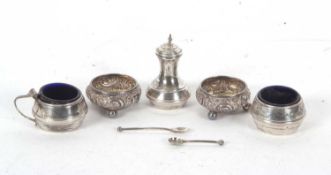 Mixed Lot: A pair of Victorian silver cauldron salts with chased and repousse decoration supported