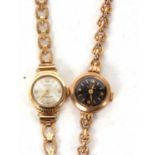 Two 9ct gold cased ladies wristwatches on 9ct gold bracelets, one is Ingosoll the other is Record,