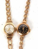 Two 9ct gold cased ladies wristwatches on 9ct gold bracelets, one is Ingosoll the other is Record,