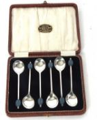 Cased set of six Art Deco silver long handled bean end coffee spoons, Sheffield 1933, makers mark