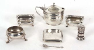 Mixed Lot: A large George V silver mustard of oval shape with dome hinged lid with ball finial,