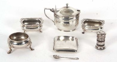 Mixed Lot: A large George V silver mustard of oval shape with dome hinged lid with ball finial,