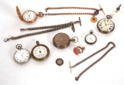Mixed Lot: Various pocket watches and chains to include two metal pocket watches, one silver open