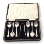 A cased set of six silver teaspoons and a pair of tongs, Sheffield 1925/6, makers mark for Francis