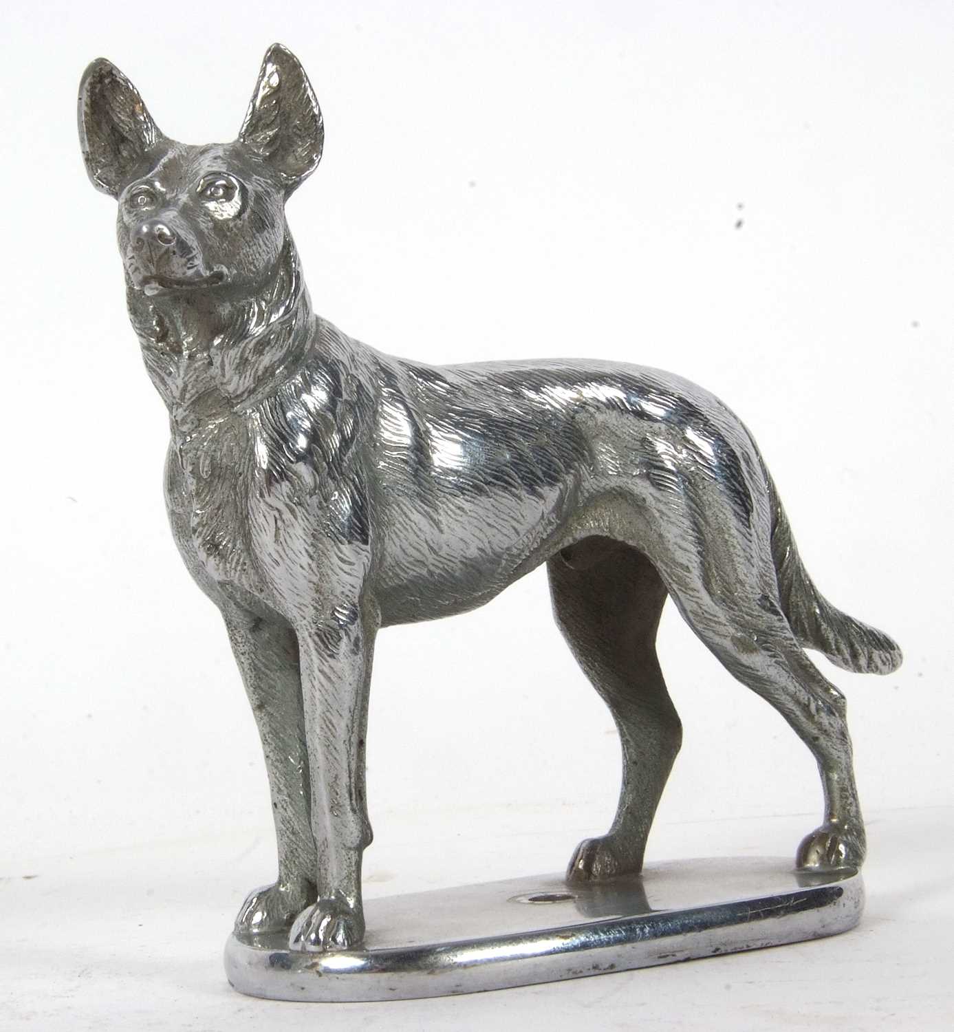 Vintage chrome car mascot in the form of an Alsation, 14cm long, 12cm tall with accompanying - Image 8 of 9