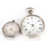 Two white metal pocket watches, both stamped 925 inside the case back, one ladies manually key wound