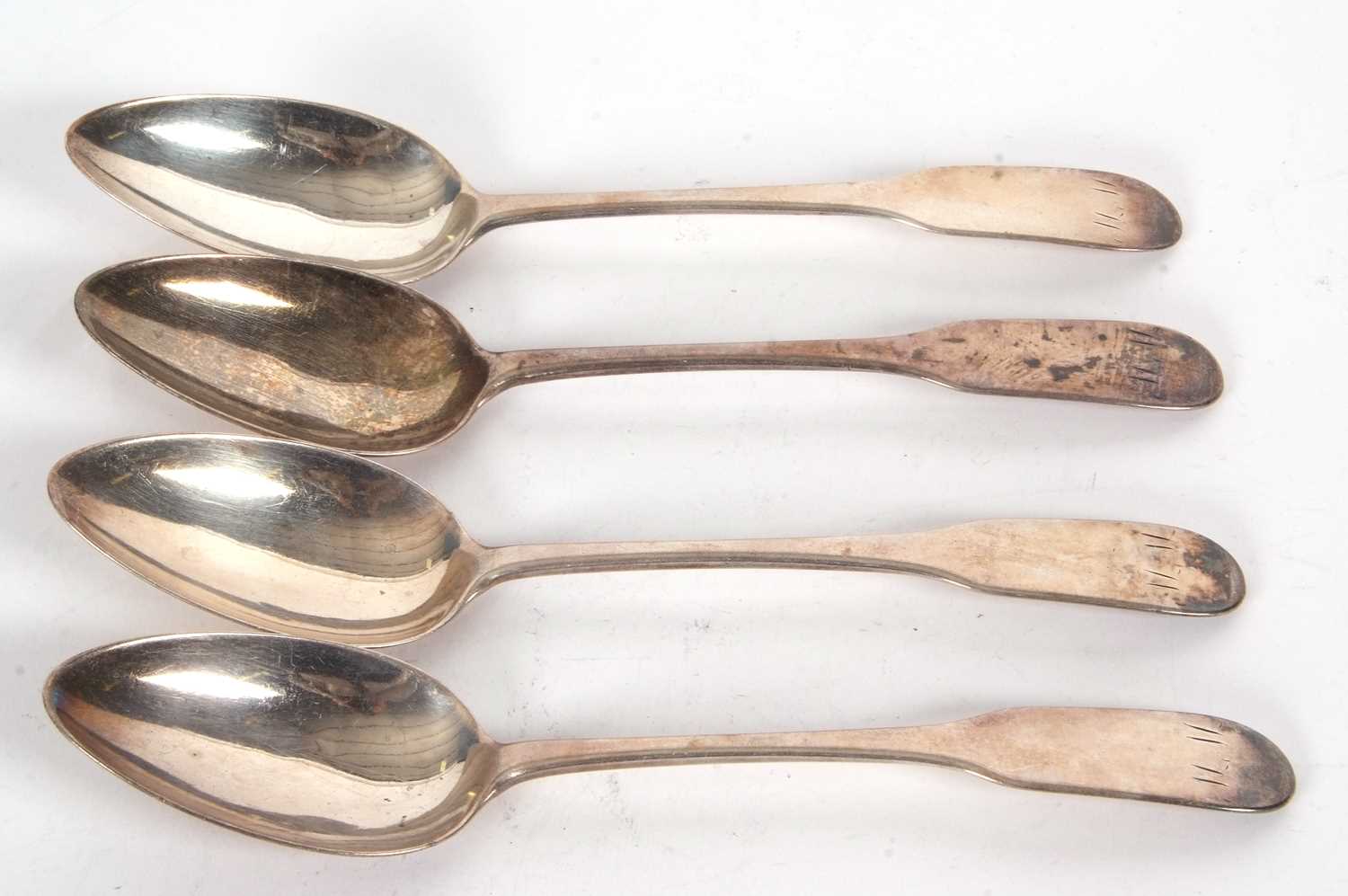 Four George III Scottish silver tablespoons, initialled, hallmarked for Edinburgh 1807, makers