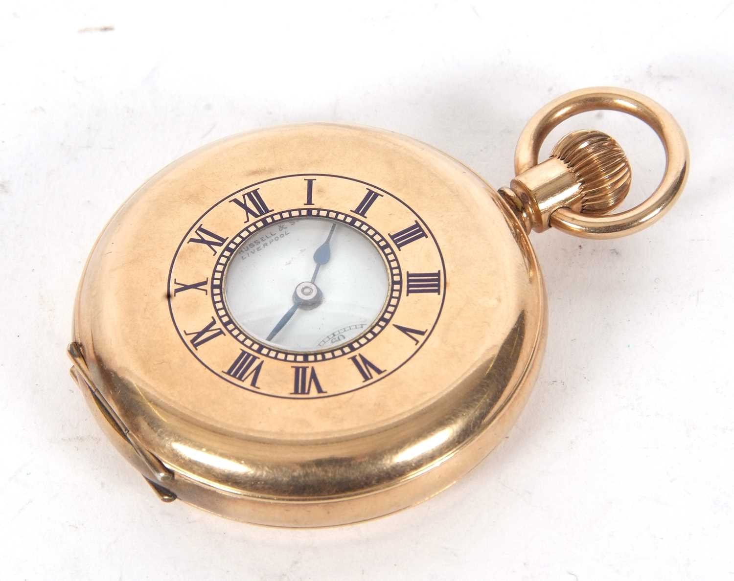 Thomas Russell & Sons of Liverpool plated half hunter pocket watch, it has a manually crown wound 10 - Image 2 of 4