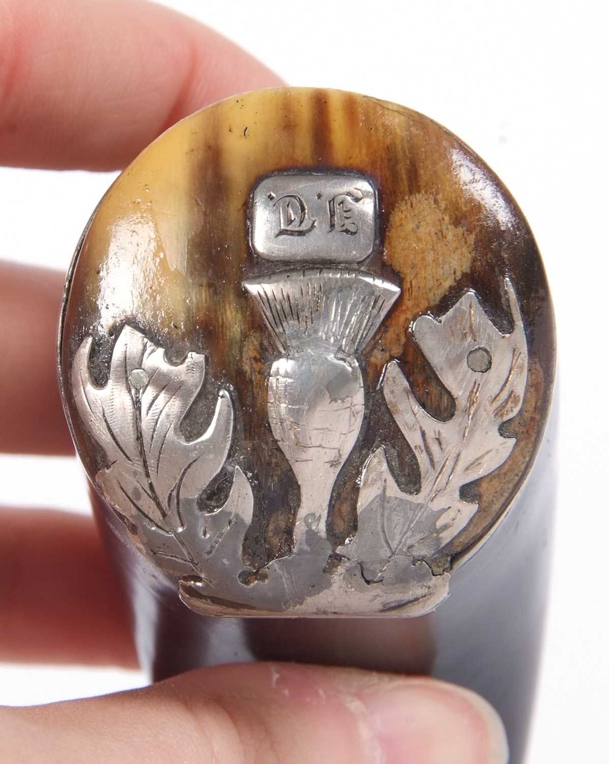 A Georgian Scottish snuff mull circa 1800, having a curved rams horn body, the rim engraved "John - Image 3 of 7