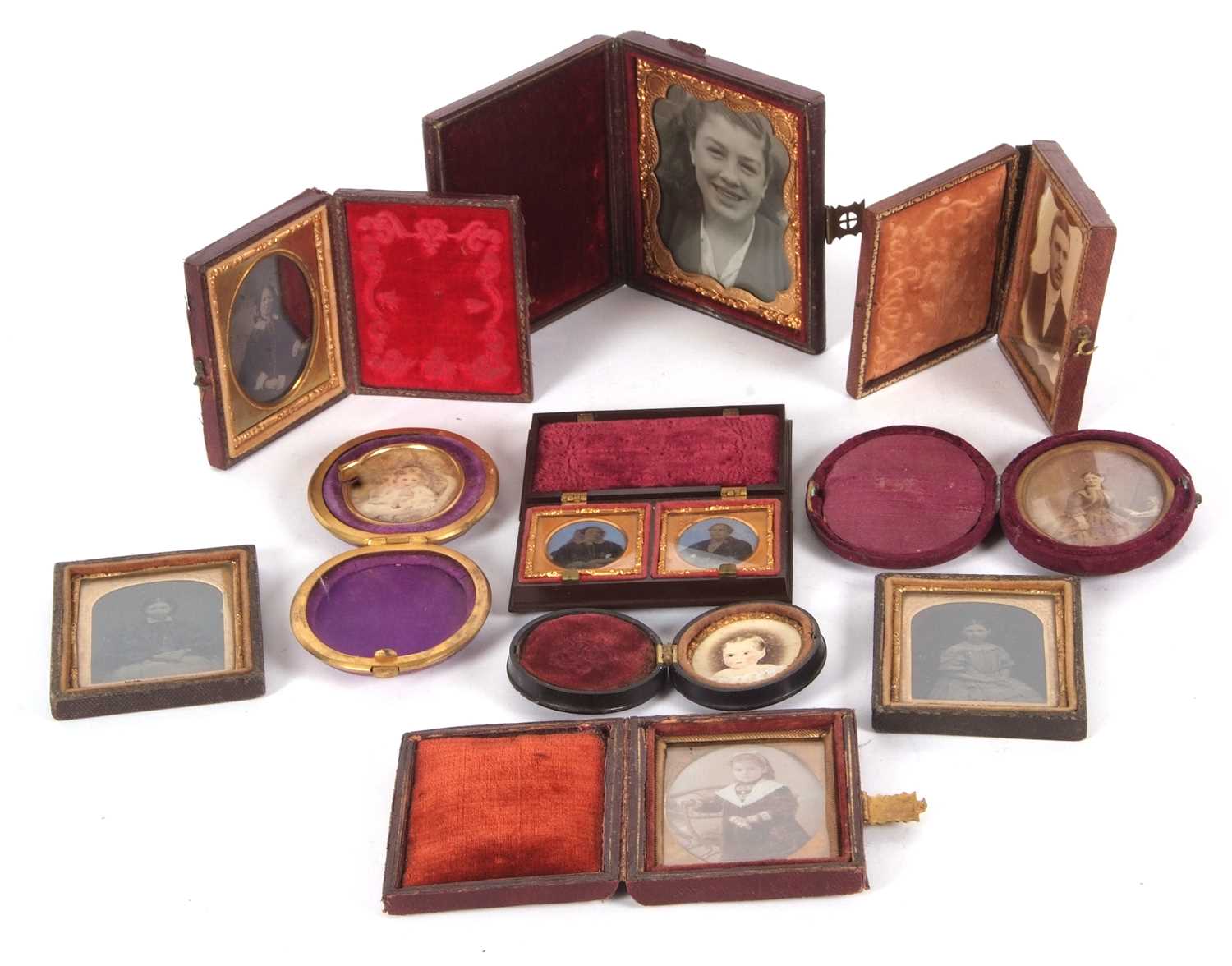 Mixed Lot: Vintage Daguerreotope photographs etc to include a vulcanite case double Daguerreotope of