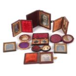 Mixed Lot: Vintage Daguerreotope photographs etc to include a vulcanite case double Daguerreotope of