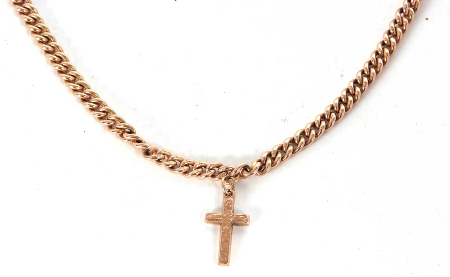 A 9ct gold watch chain with cross pendant, hallmarked on every link, g/w approx 31gms, approx length - Image 2 of 2