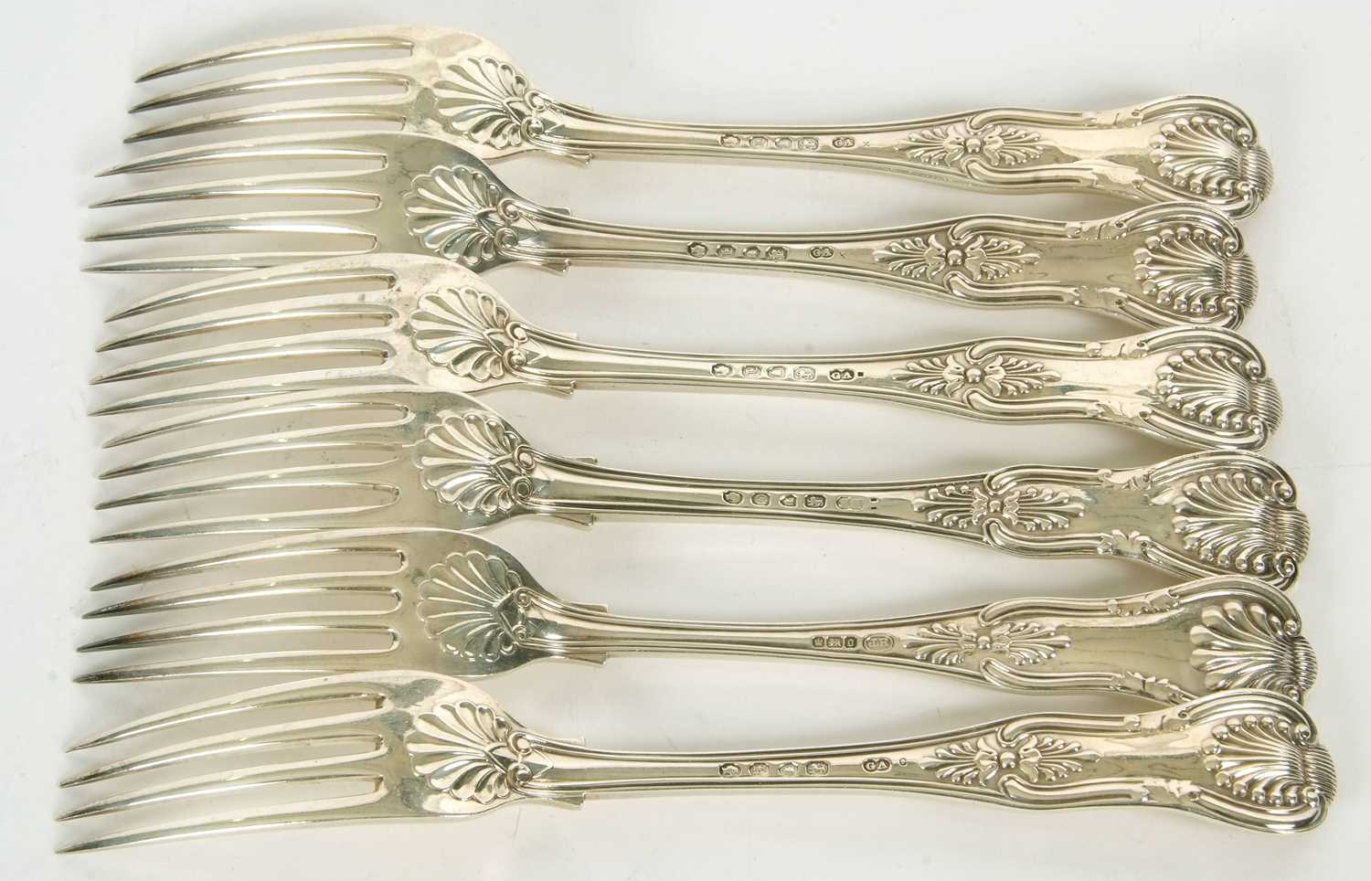 Six Kings pattern table forks, double struck, five Victorian and one later example, hallmarked - Image 3 of 4