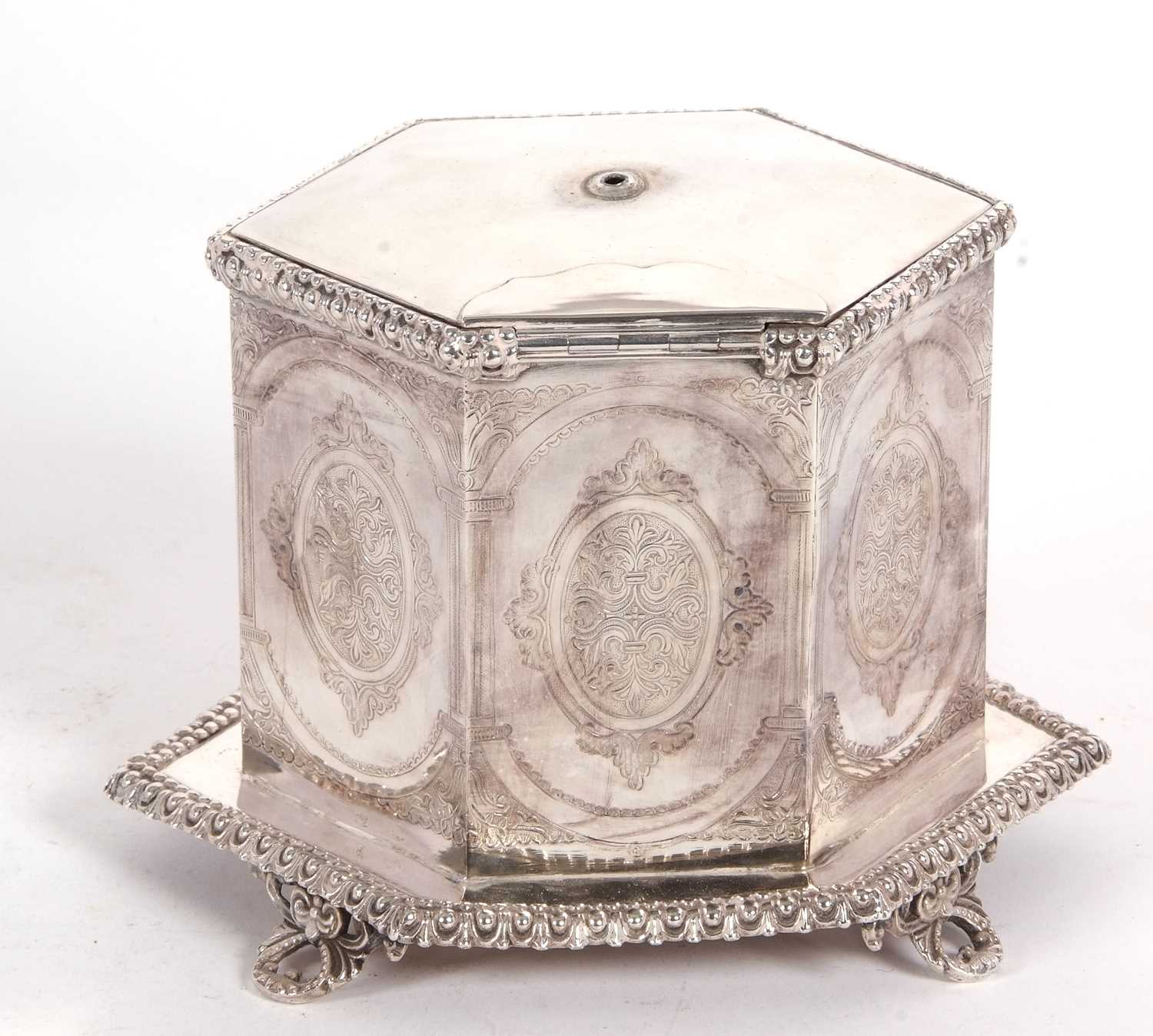 An early 19th Century silver plated biscuit barrel of hexagonal form on integral gadrooned decorated - Image 2 of 4