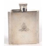 A George VI silver spirit flask, engine turned decorated, the front engraved with The Royal