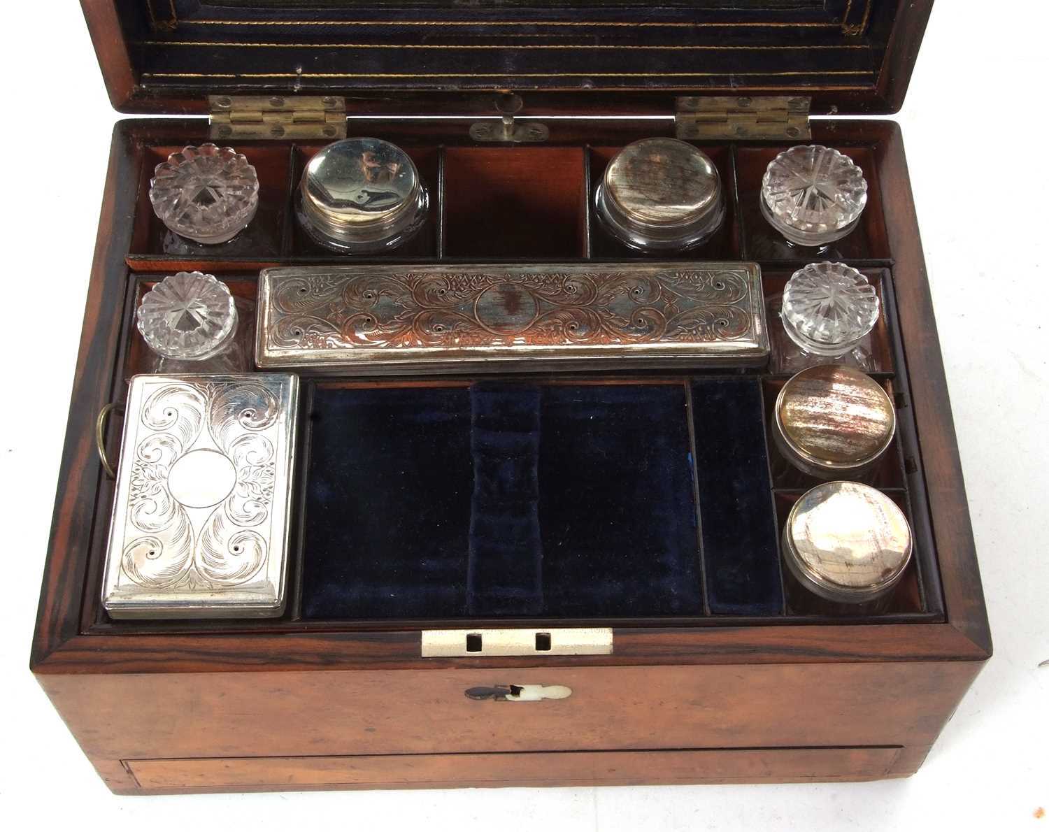 A 19th Century walnut vanity box, ebony banded with insert mother of pearl plaque, the lined - Image 5 of 6