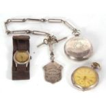 Mixed Lot: Two white metal pocket watches, a silver Albert chain and a Sealand wristwatch, the