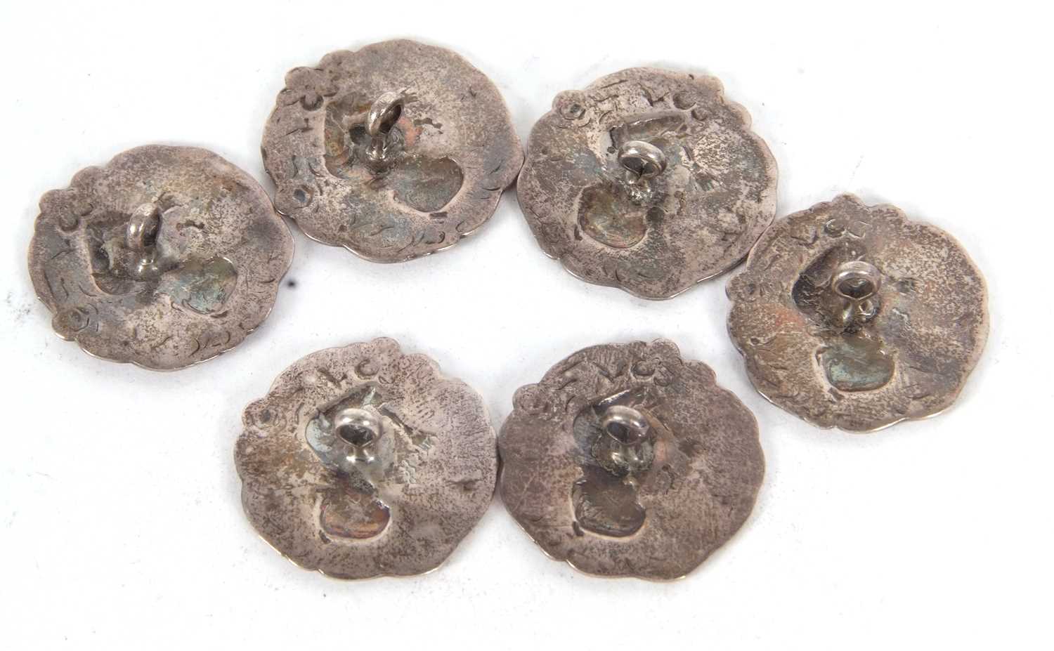 A set of six silver Art Nouveau silver buttons with a shaped outline depicting a head and - Image 3 of 3