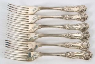 Six Kings pattern table forks, double struck, five Victorian and one later example, hallmarked