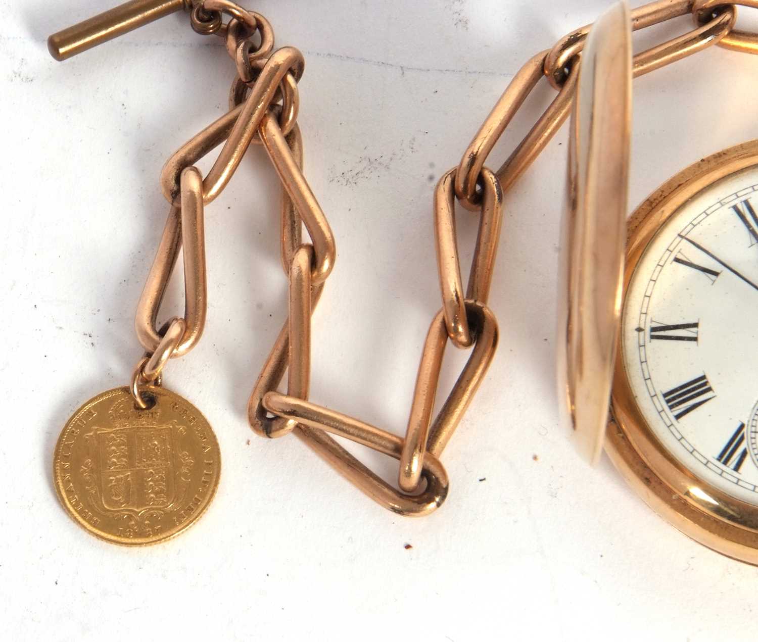 A rolled gold Waltham Hunter pocket watch with a rolled gold chain suspending a half sovereign, - Image 3 of 3