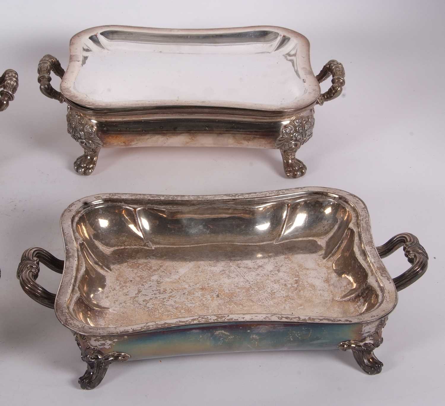 A pair of Old Sheffield plated chaffing/warming dishes of typical form with plain lift off trays, - Image 2 of 6