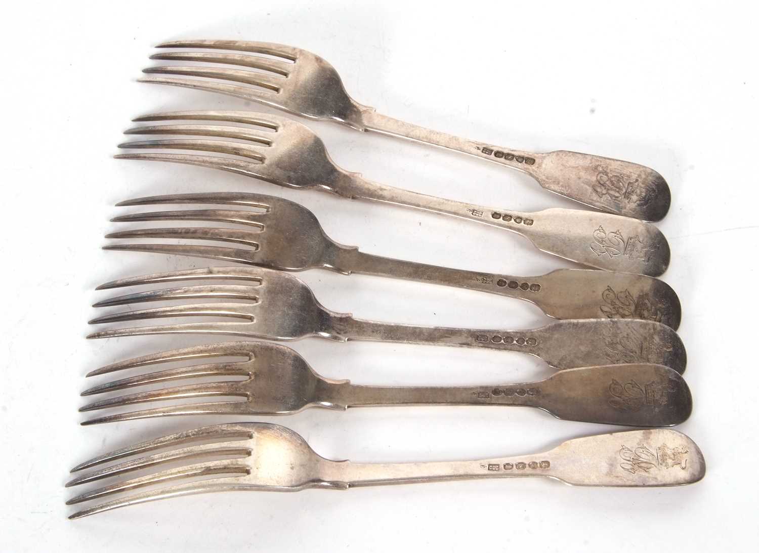 A set of six William IV fiddle pattern table forks, engraved with initials and armorial, London - Image 2 of 3