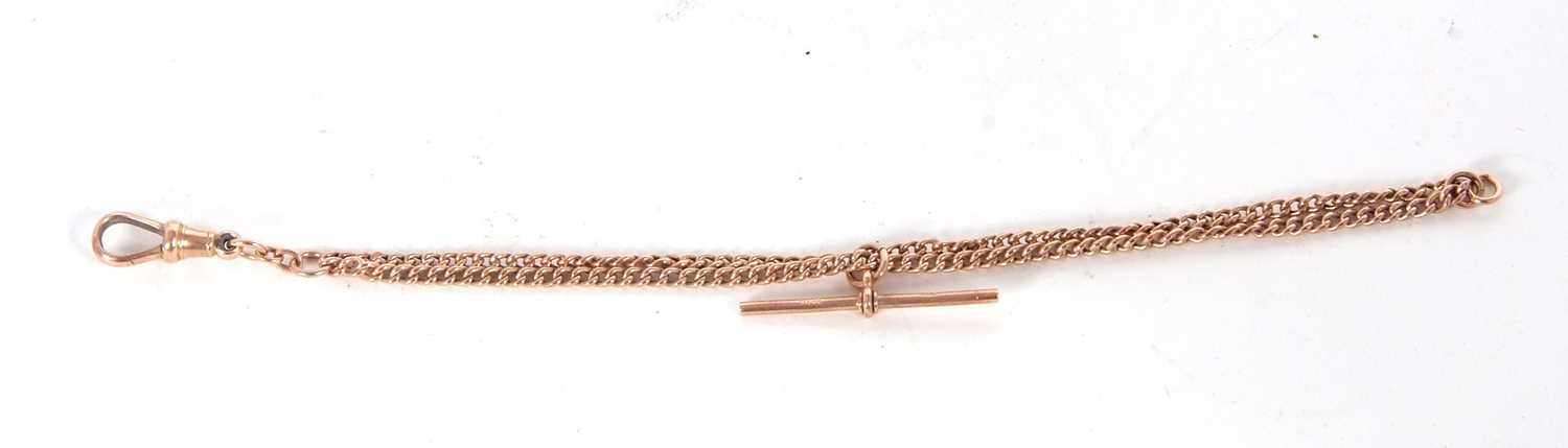 A yellow metal pocket watch chain stamped on the clip 375 and the T-bar 9ct, it has an approx length - Image 3 of 3