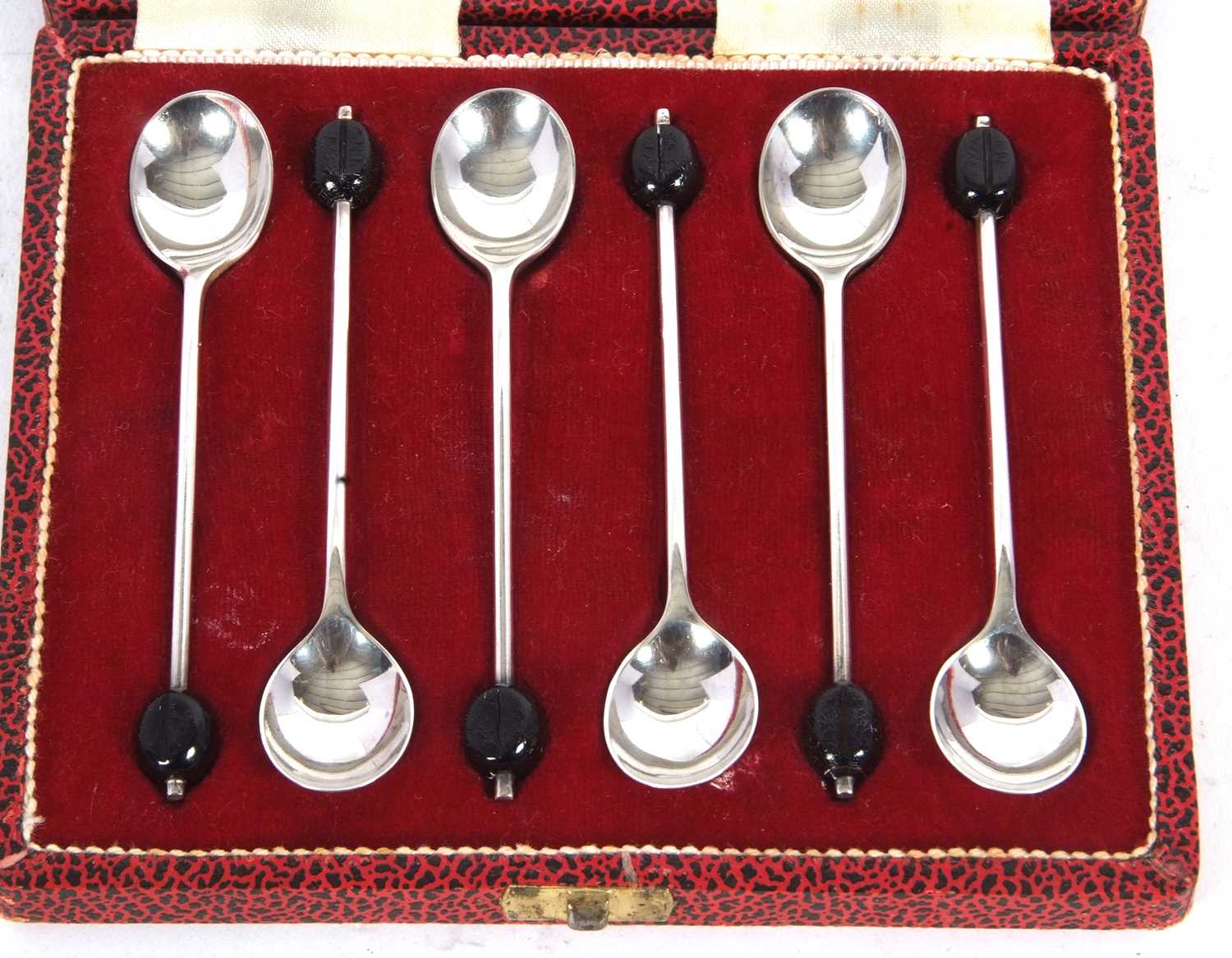 Cased set of six Elizabeth II silver bean end coffee spoons, Sheffield 1974, makers mark Mappin & - Image 2 of 2