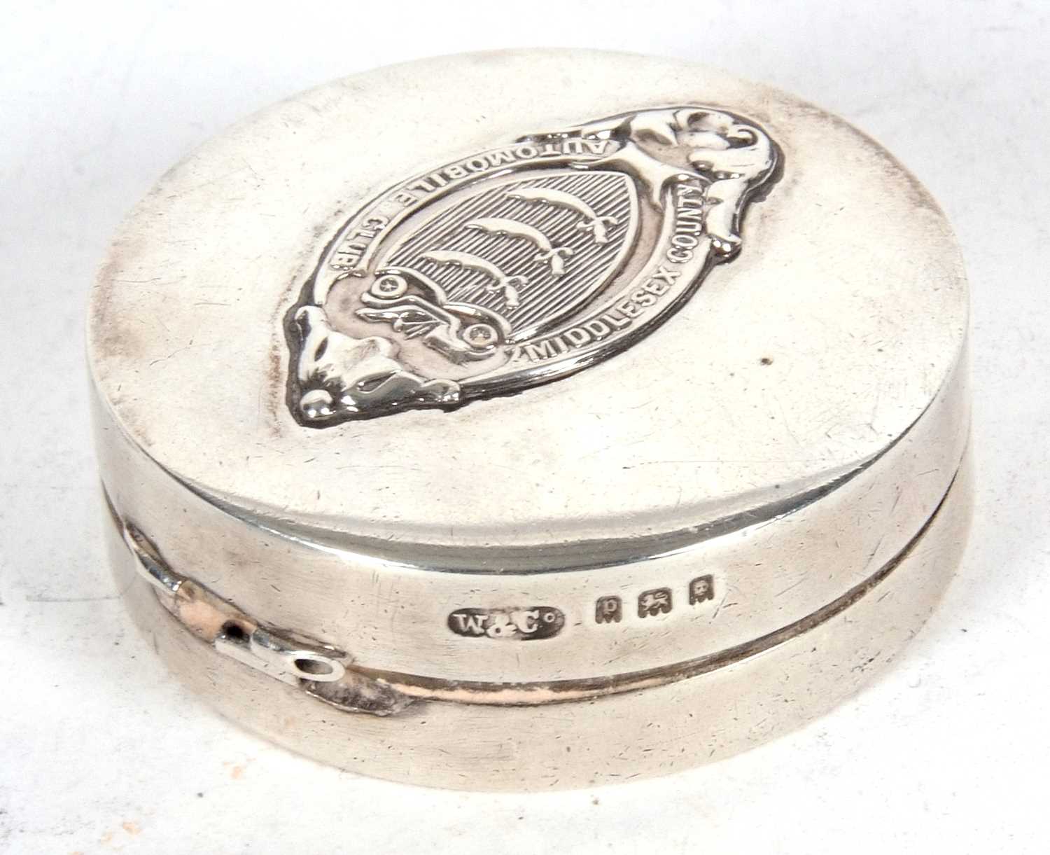 Motoring Interest - An Art Deco ladies silver compact of plain circular form, the hinged lid applied - Image 7 of 7