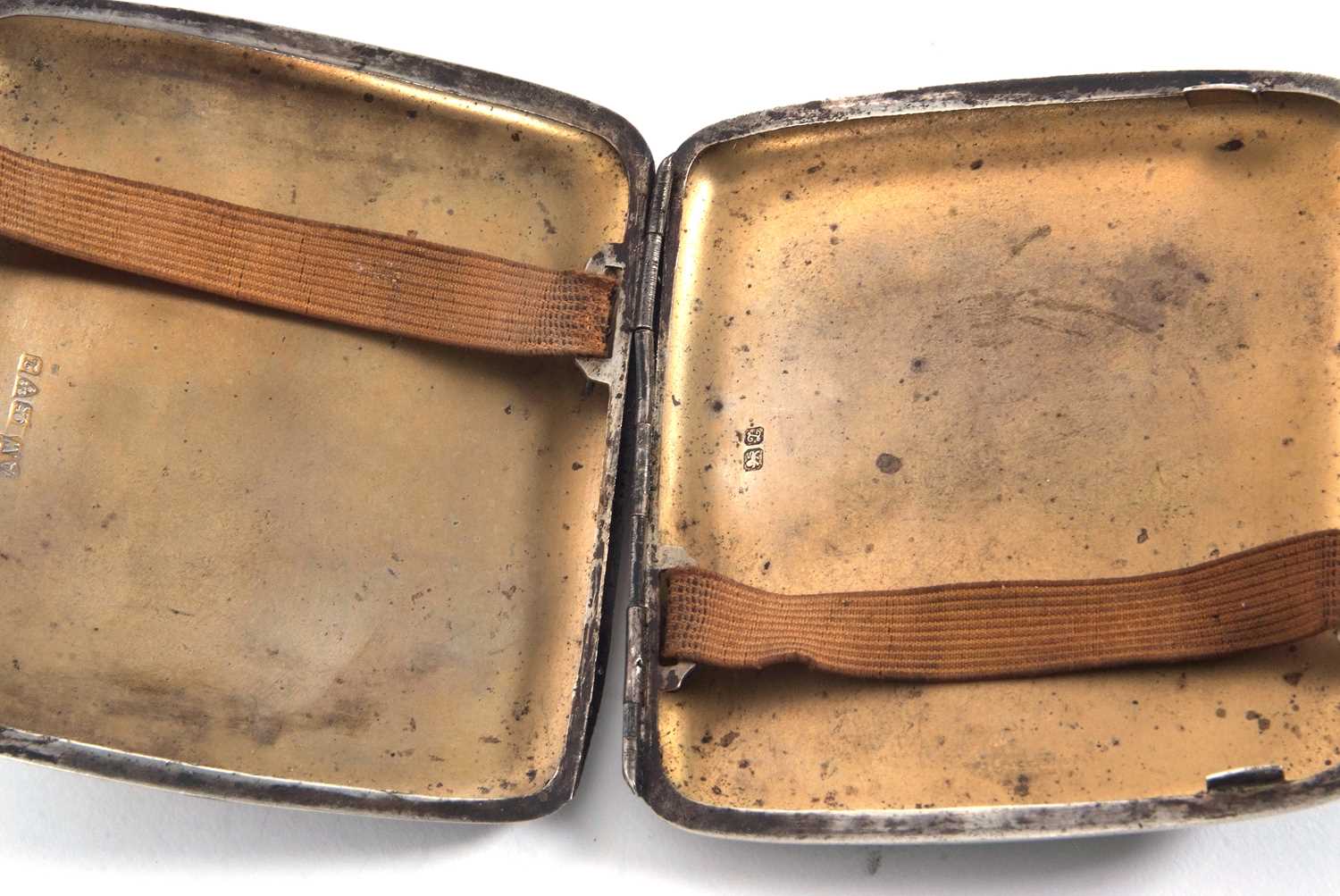 A George V silver cigarette case of square form, engine turn decorated and initialled (a/f), - Image 3 of 3