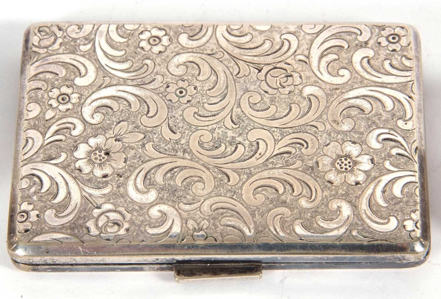 Mixed Lot: Antique snuff box of rectangular form with hinged lid with a raised floral border and - Image 3 of 5