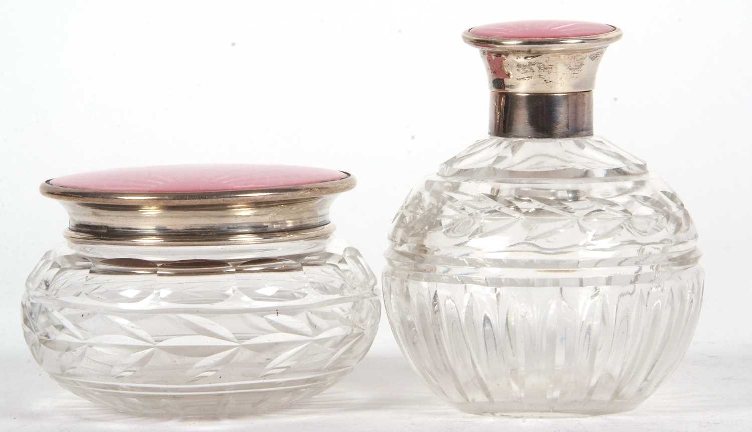 An Art Deco glass dressing table scent and powder bowl, each with pink enamel guilloche decoration - Image 2 of 3