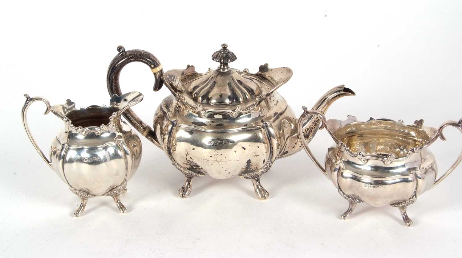 An Edwardian three piece bachelor tea service of shaped oval form, applied scroll rims on splayed - Image 6 of 7