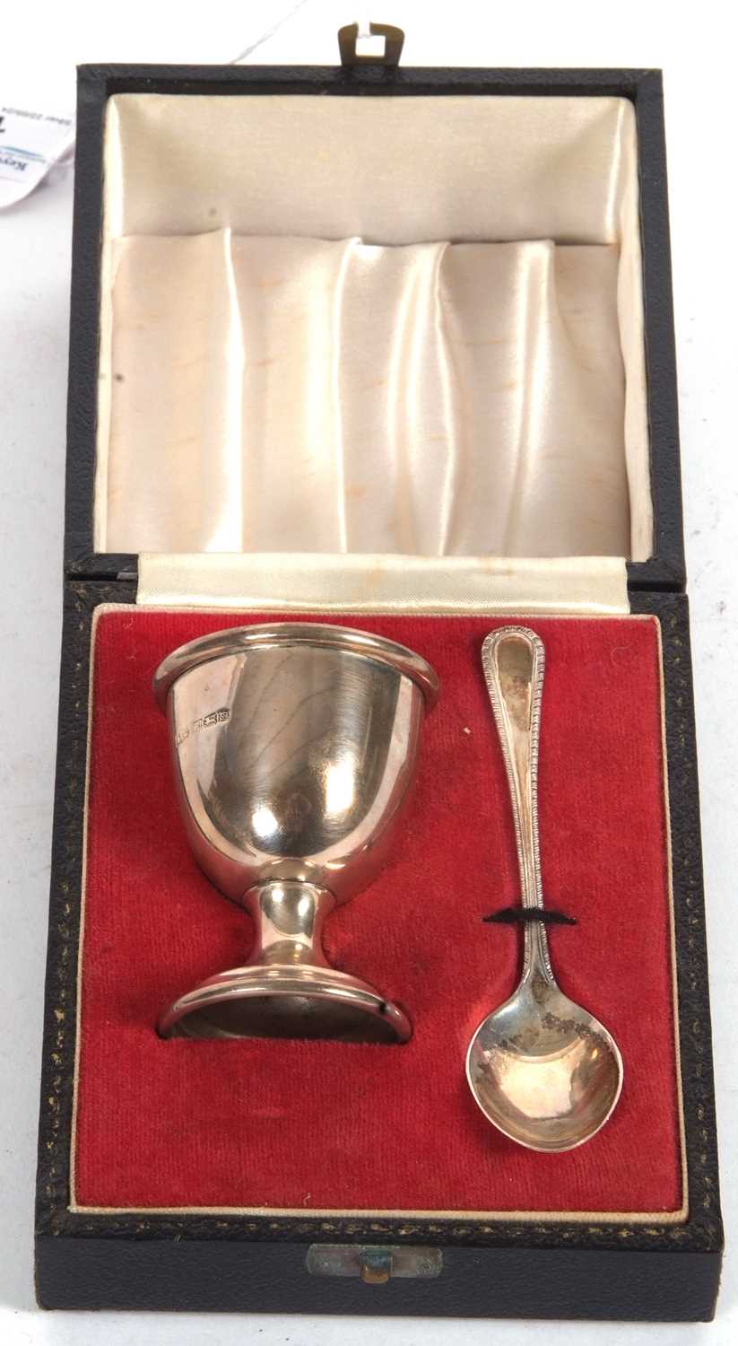 A cased Christening egg cup and spoon, Sheffield 1971, makers mark for A T Canon Ltd